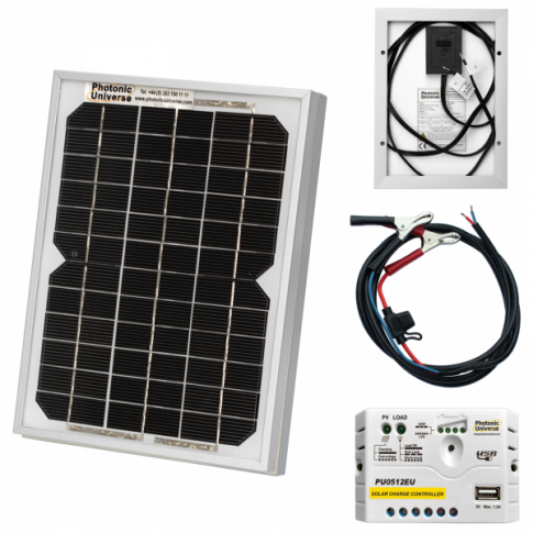 5W 12V solar trickle charging kit with 5A solar controller and battery cable with crocodile clips