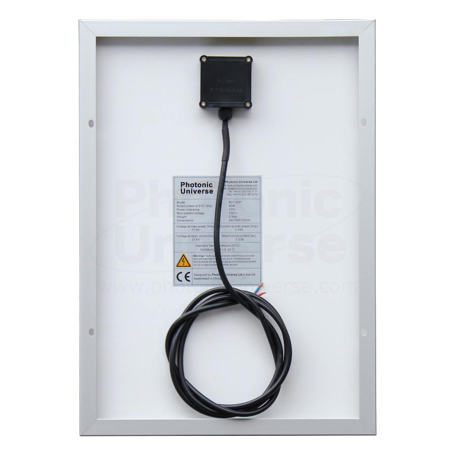 Photonic Universe 20W solar panel with 2m cable BST-20P (front)